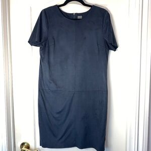 ICHI Navy Faux Suede Shift Dress EU 36 (XS)  Minimalist Short Sleeve Office Chic